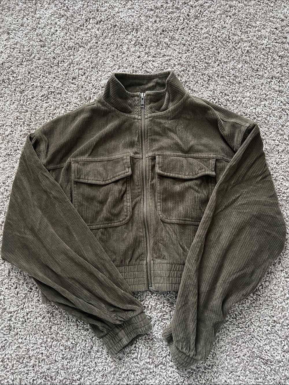 Aerie Olive Corduroy Zip-Front Cropped Jacket